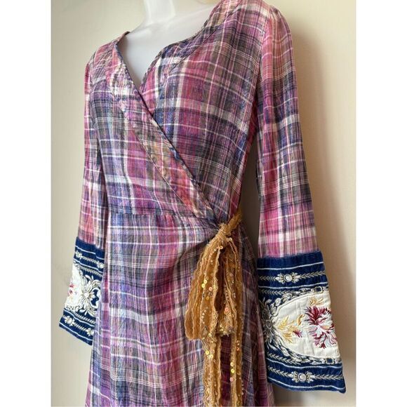 Aratta Silent Journey Boho Plaid Purple Pink Wrap Dress Size XS - Picture 9 of 12